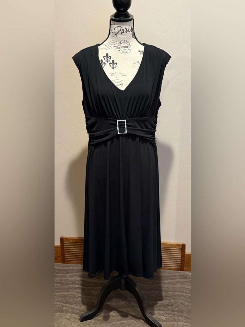 Coldwater Creek Black V-Neck Midi Dress with Rhinestone Buckle Detail